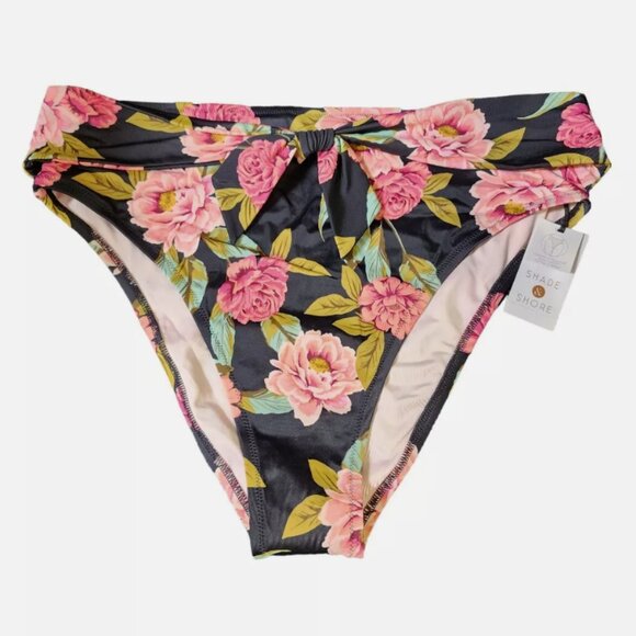 Shade & Shore Womens Black Floral High Leg/Waist Scarf Tie Bikini Bottom - Picture 1 of 4